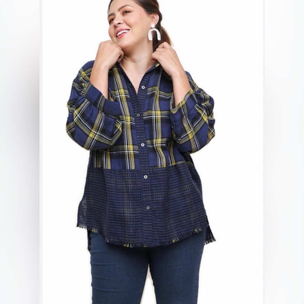 Umgee Navy and Yellow Plaid Frayed Hem Button Down Shirt- Medium